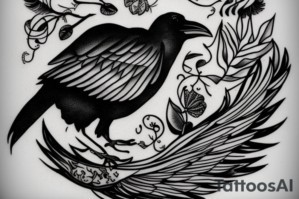 a raven covering a small bird tattoo idea