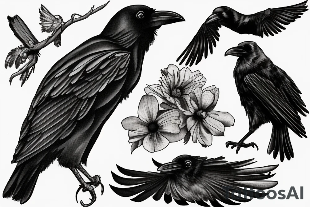 a raven covering a small bird tattoo idea