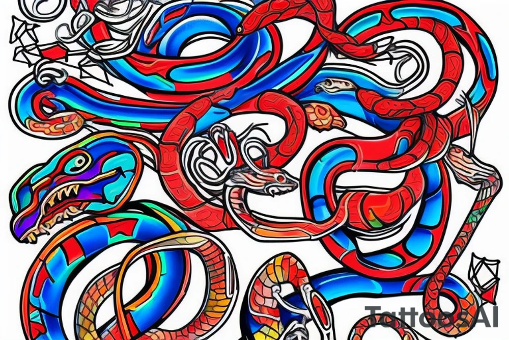 neo-traditional snake red blue bright colors neon tattoo idea