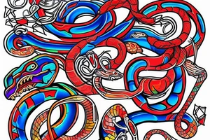 neo-traditional snake red blue bright colors neon tattoo idea