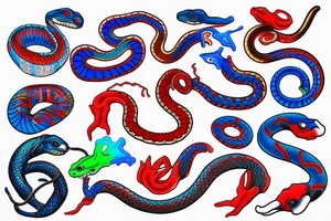 neo-traditional snake red blue bright colors neon tattoo idea