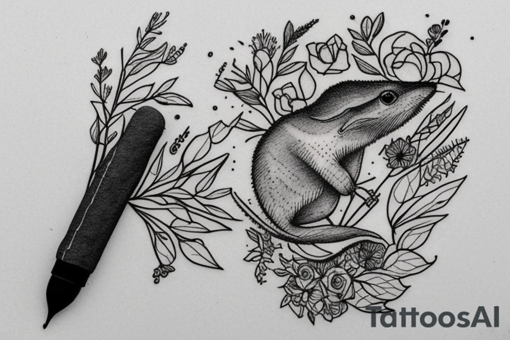 Sat down cute shrew holding bouquet of twigs and herbs tattoo idea