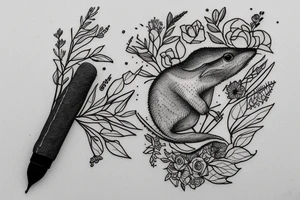 Sat down cute shrew holding bouquet of twigs and herbs tattoo idea