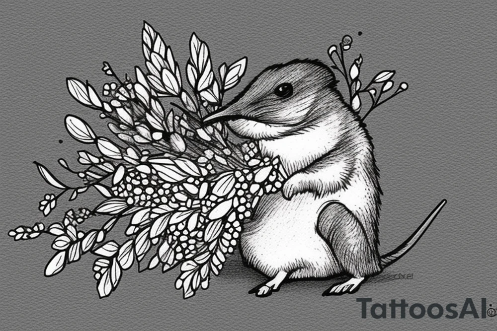 Sat down cute shrew holding bouquet of twigs and herbs tattoo idea