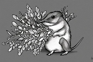 Sat down cute shrew holding bouquet of twigs and herbs tattoo idea