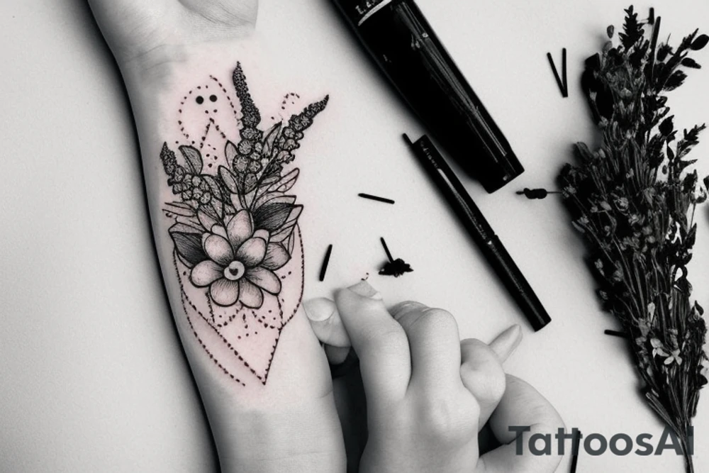 Sat down cute mole holding bouquet of twigs and herbs tattoo idea
