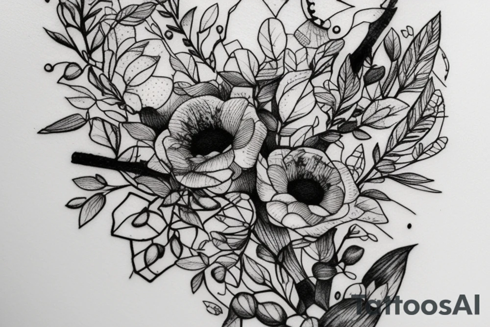 Sat down cute mole holding bouquet of twigs and herbs tattoo idea