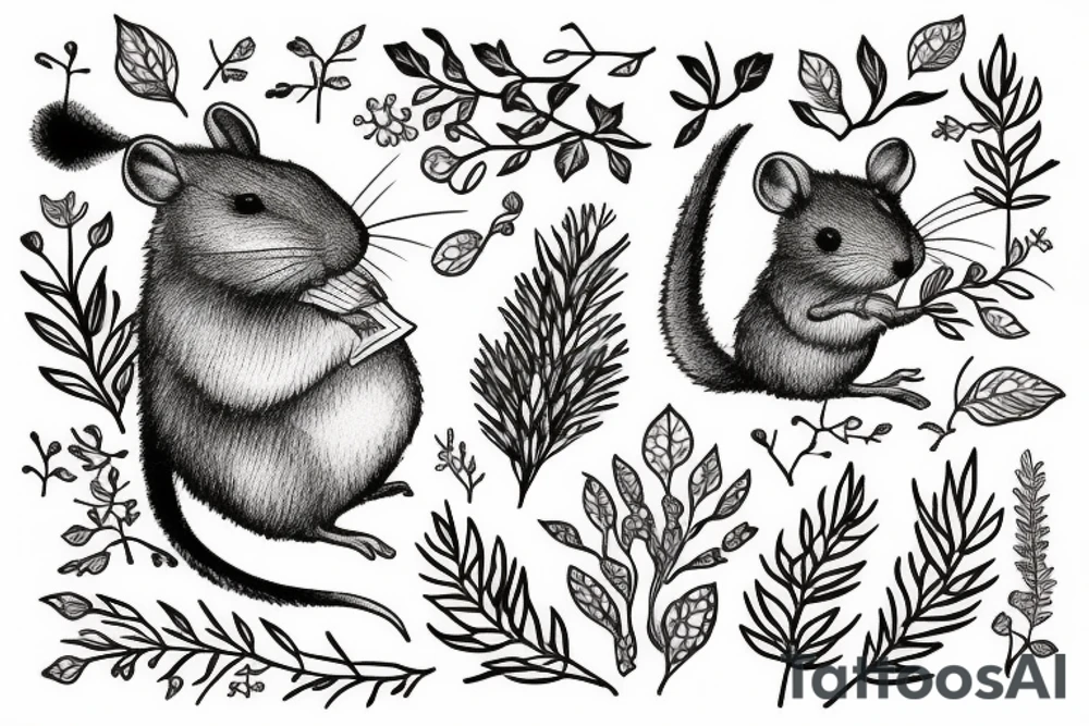 Sat down cute rodent holding bouquet of twigs and herbs tattoo idea