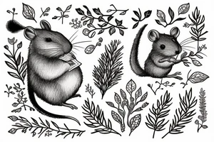Sat down cute rodent holding bouquet of twigs and herbs tattoo idea