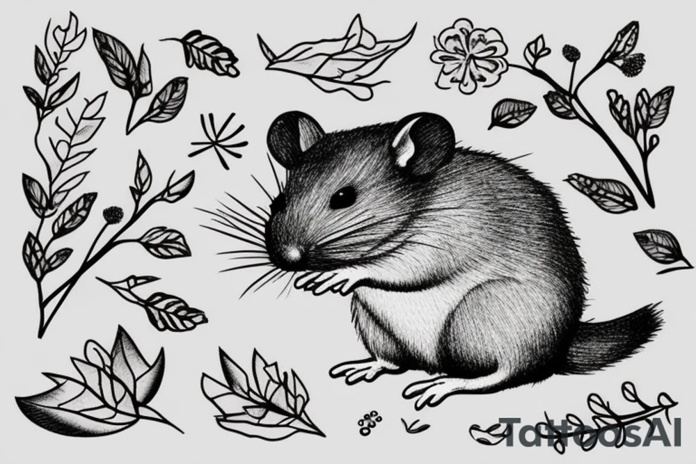 Sat down cute rodent holding bouquet of twigs and herbs tattoo idea
