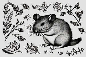 Sat down cute rodent holding bouquet of twigs and herbs tattoo idea