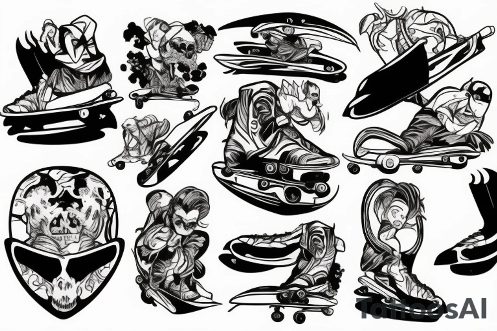 De strange riding a skate tattoo idea