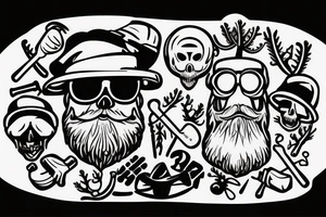 Skull with a beard wearing sunglasses with trees in the lenses and a hard hat with axes crossing behind it tattoo idea