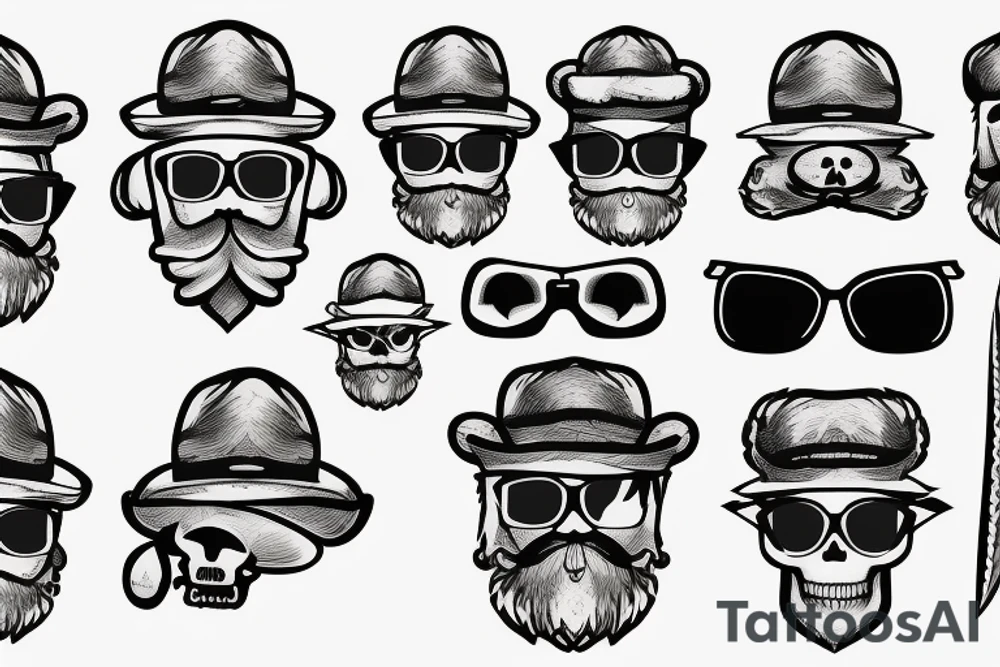 Skull with a beard wearing sunglasses with trees in the lenses and a hard hat with axes crossing behind it tattoo idea