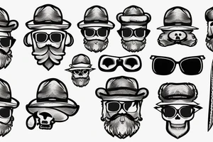 Skull with a beard wearing sunglasses with trees in the lenses and a hard hat with axes crossing behind it tattoo idea