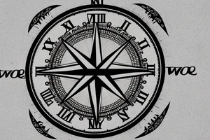 Compass letters inside of clock with baby’s breathe around it tattoo idea