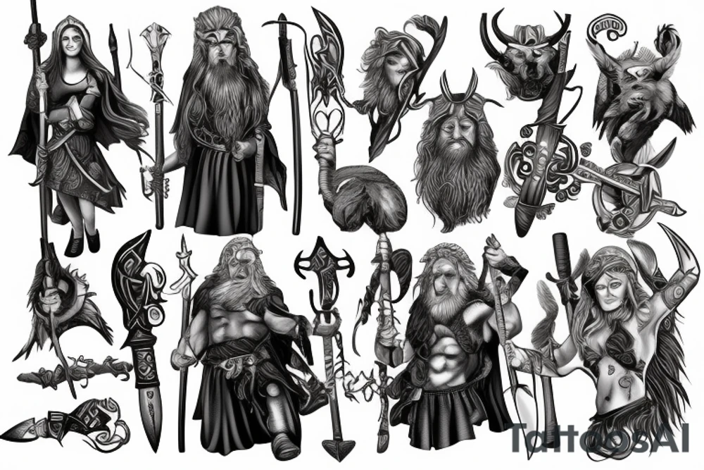 Odin and freya with weapons tattoo idea