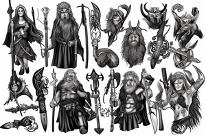 Odin and freya with weapons tattoo idea