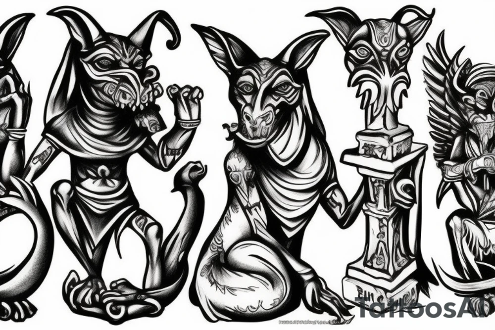 Gargoyle see no evil hear no evil speak no evil Anubis tattoo idea