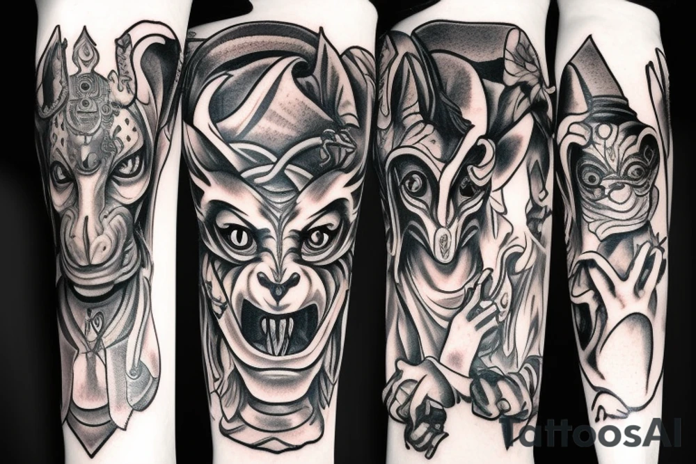 Gargoyle see no evil hear no evil speak no evil Anubis tattoo idea