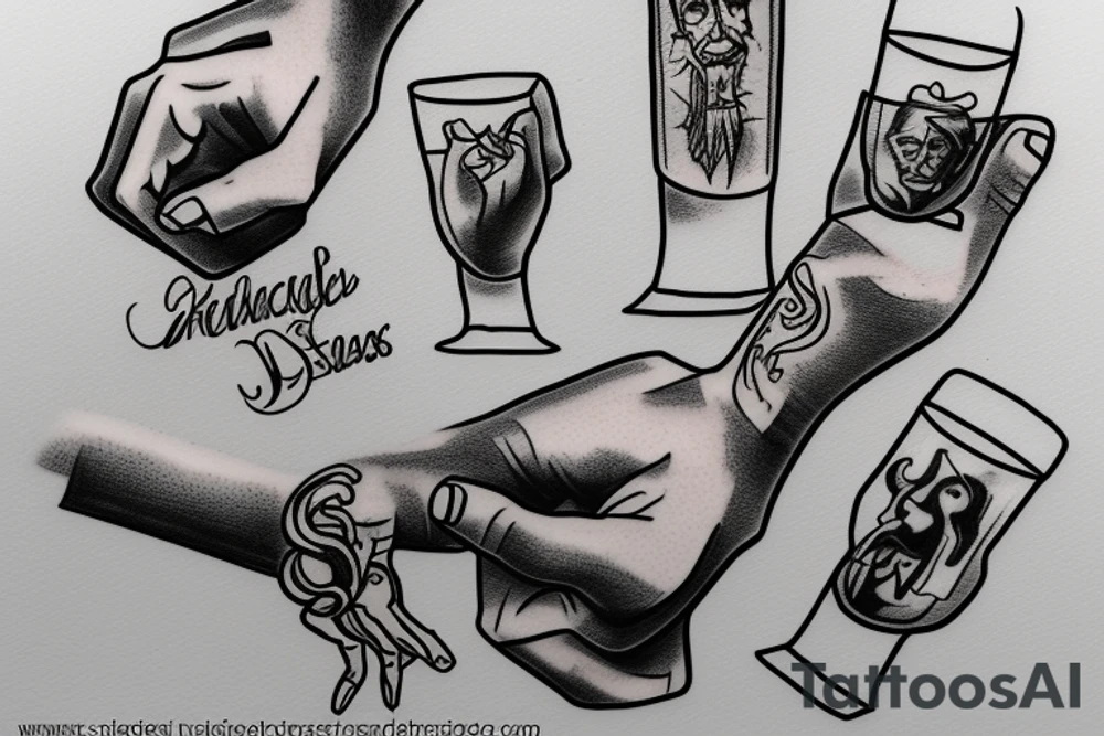 The creation of Adam hands, both holding glasses of whiskey tattoo idea