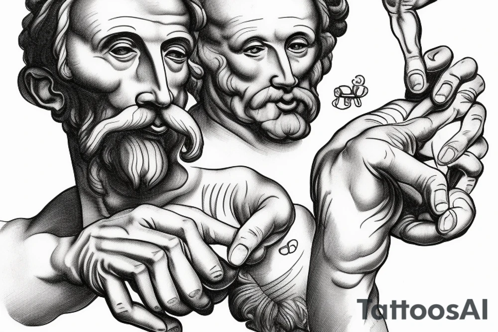 Michelangelo ‘The creation of Adam hands’, both holding glasses of whiskey tattoo idea