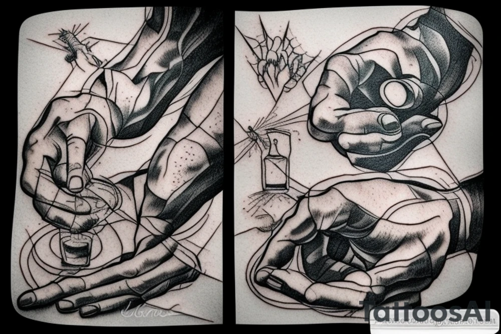 Michelangelo ‘The creation of Adam hands’, both holding glasses of whiskey tattoo idea
