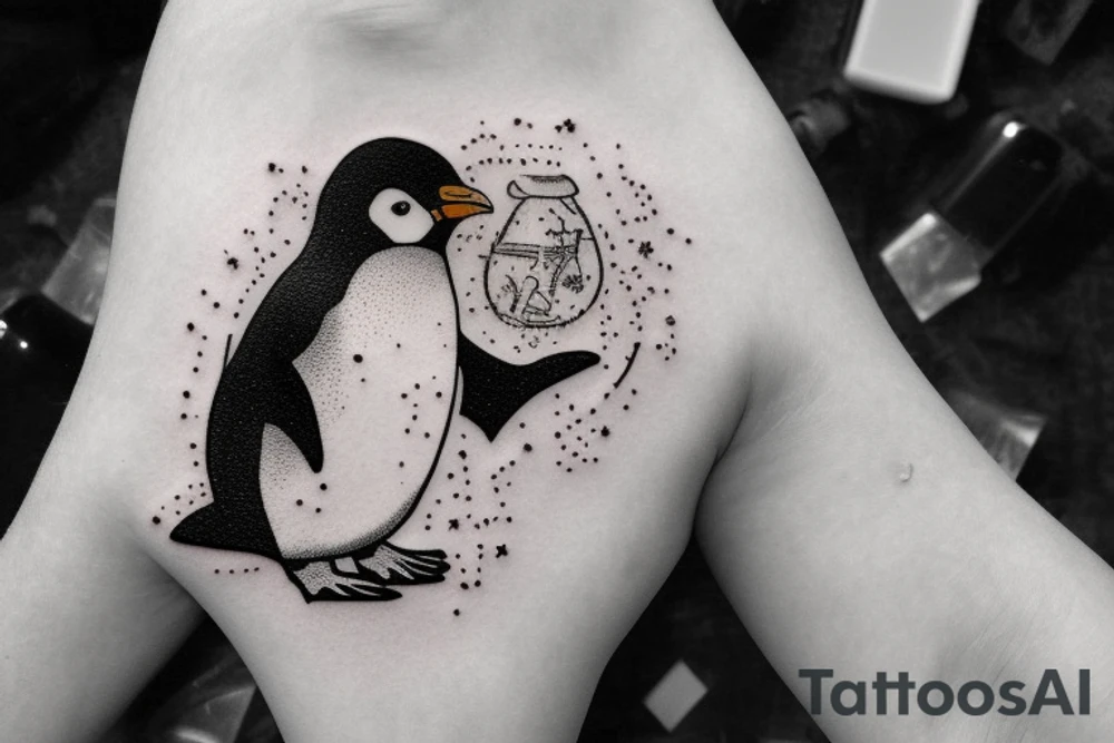smoking penguin in cracked snowglobe depressed vibe tattoo idea