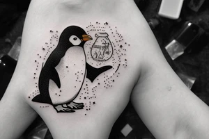 smoking penguin in cracked snowglobe depressed vibe tattoo idea