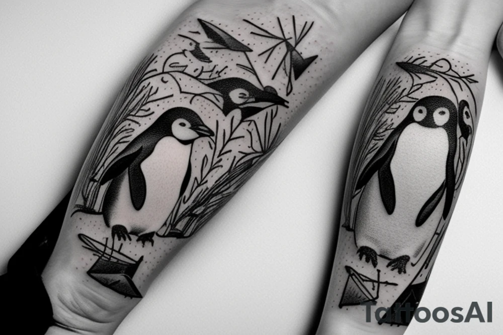 smoking penguin in cracked snowglobe depressed vibe tattoo idea