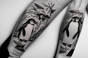smoking penguin in cracked snowglobe depressed vibe tattoo idea