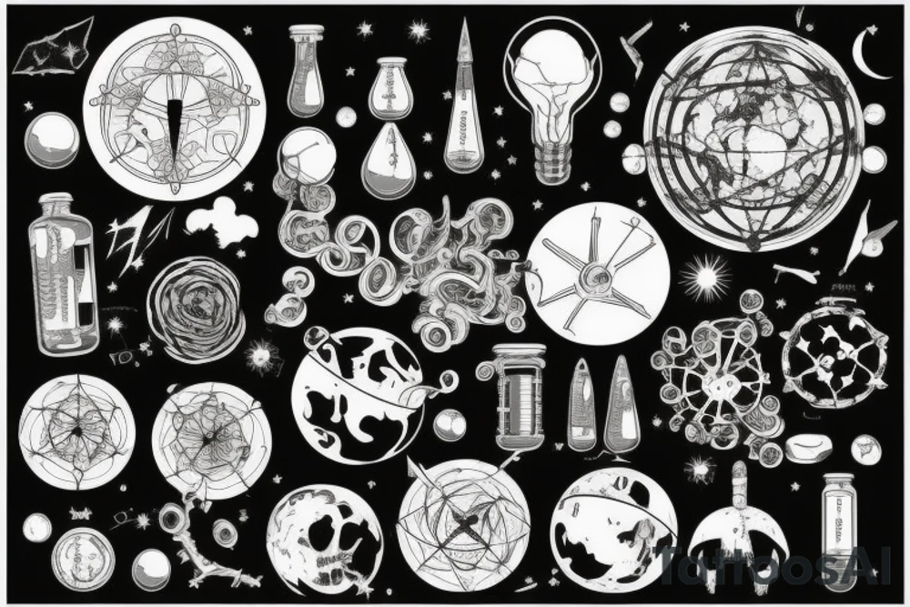 An old world design that merges scientific elements and the supernatural tattoo idea An old world design that merges scientific elements and the supernatural tattoo idea