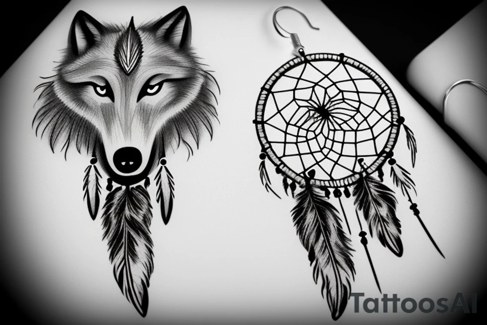 wolf with a dream catcher earings tattoo idea