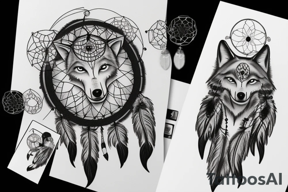 wolf with a dream catcher earings tattoo idea