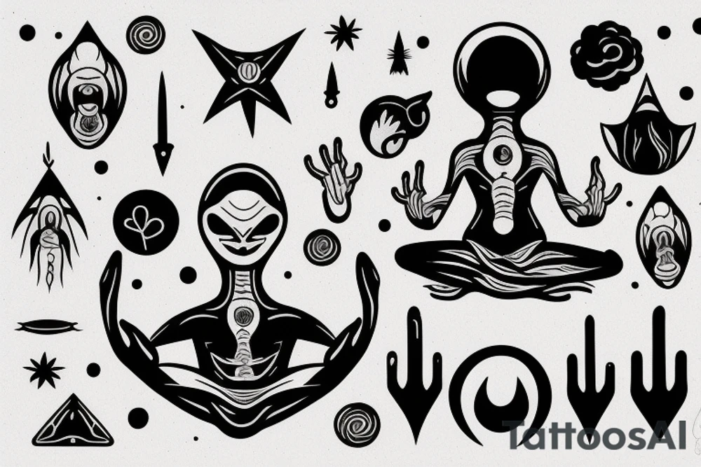alien meditating simple symmetric tattoo idea