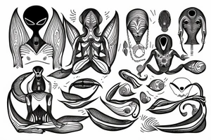 alien meditating with long head simple symmetric tattoo idea