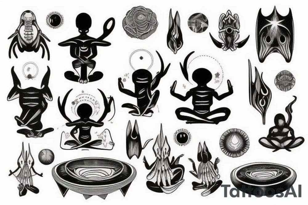 classic alien meditating simple symmetric tattoo idea