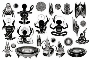 classic alien meditating simple symmetric tattoo idea