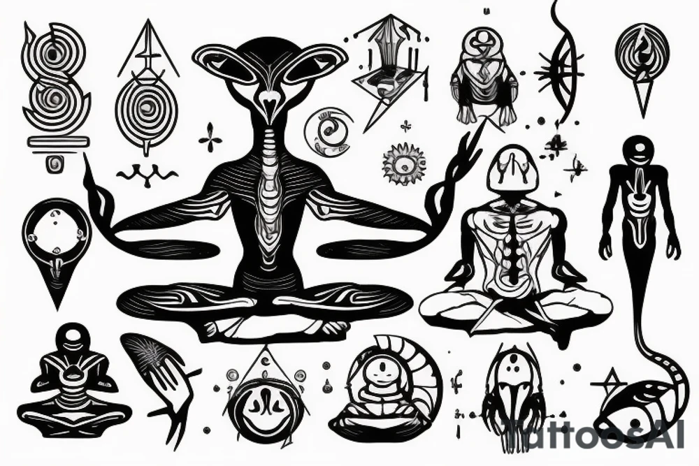 classic alien meditating simple symmetric tattoo idea