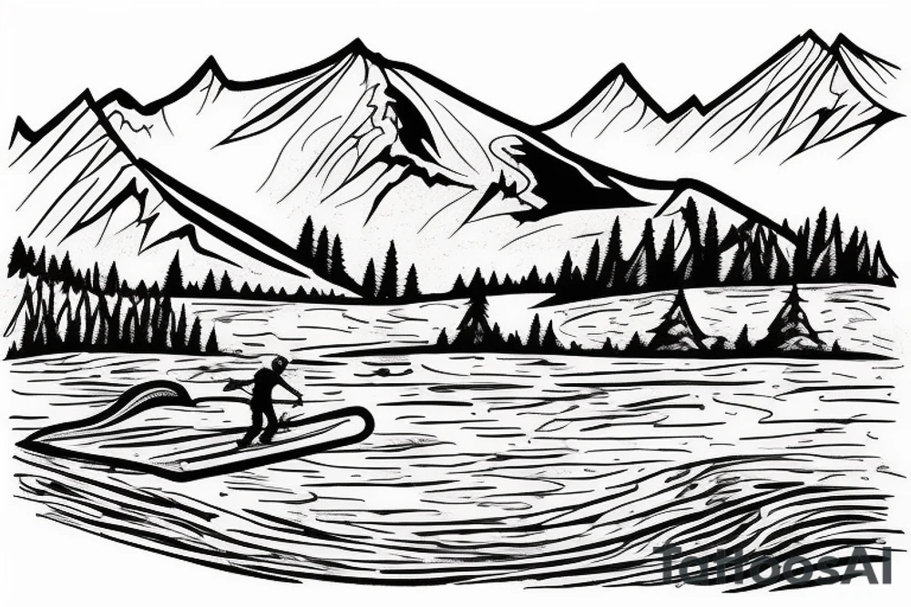 Mountain scene with mountain lake and slalom water skier on the lake tattoo idea