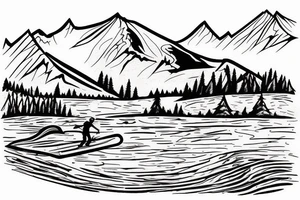 Mountain scene with mountain lake and slalom water skier on the lake tattoo idea