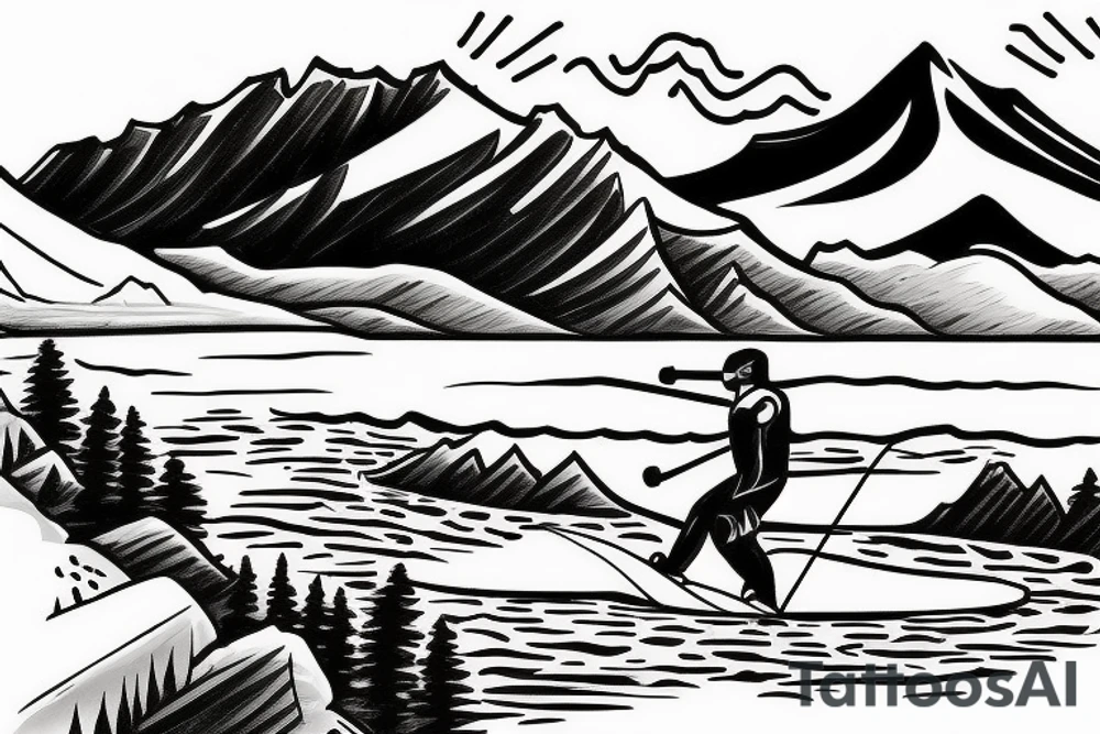 Mountain scene with mountain lake and slalom water skier on the lake tattoo idea