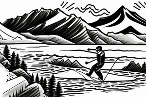 Mountain scene with mountain lake and slalom water skier on the lake tattoo idea