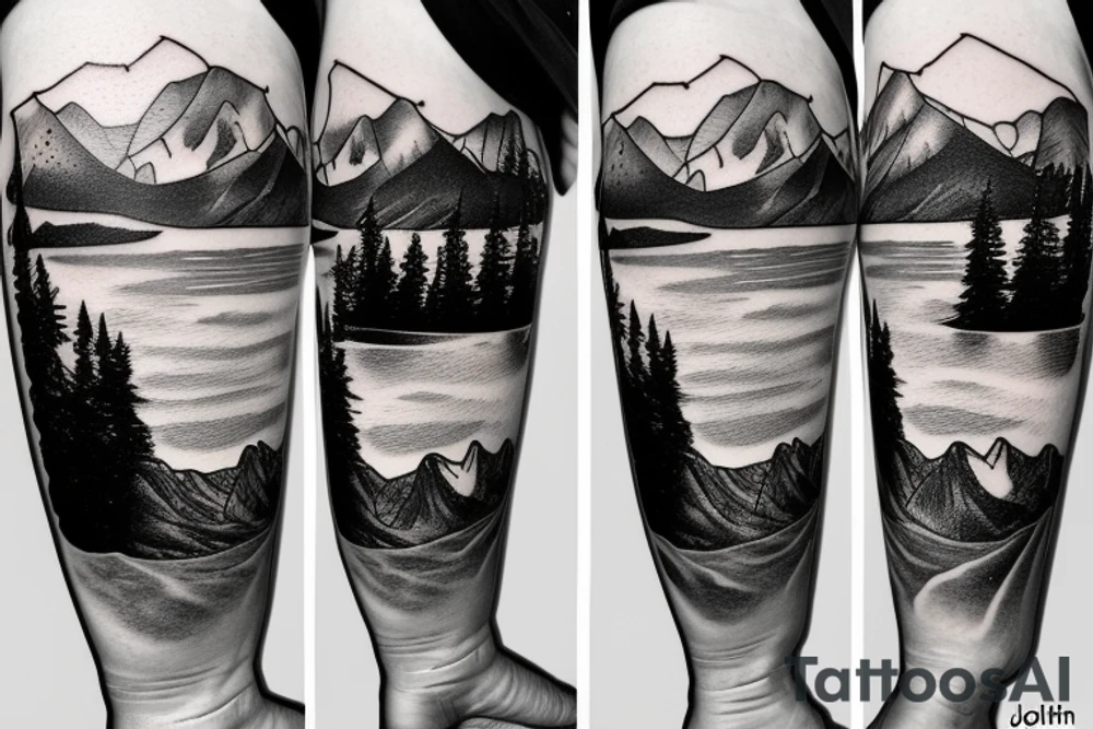 Mountain scene with mountain lake and slalom water skier silhouette 
on the lake tattoo idea