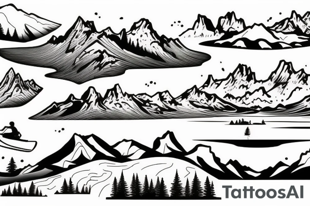 Mountain scene with mountain lake and slalom water skier silhouette 
on the lake tattoo idea