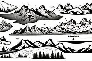 Mountain scene with mountain lake and slalom water skier silhouette 
on the lake tattoo idea