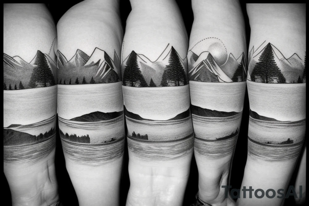Mountain scene with mountain lake and slalom water skier silhouette 
on the lake tattoo idea