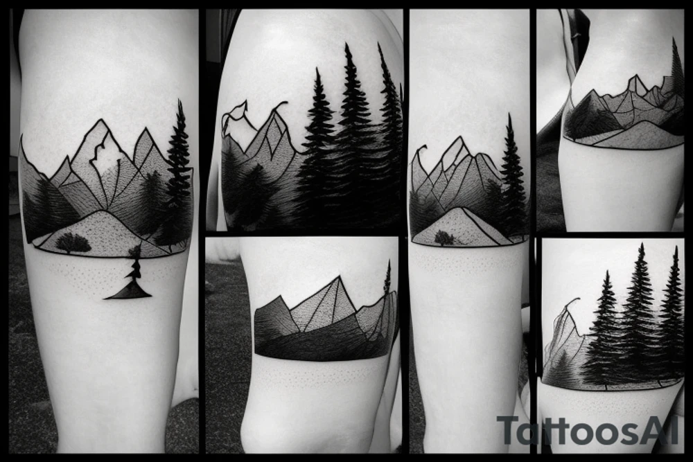 Mountain scene with mountain lake and slalom water skier silhouette 
on the lake tattoo idea