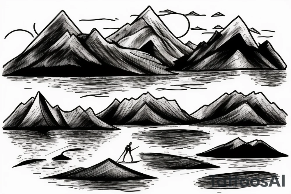 Mountain scene with mountain lake and slalom water skier silhouette 
on the lake tattoo idea