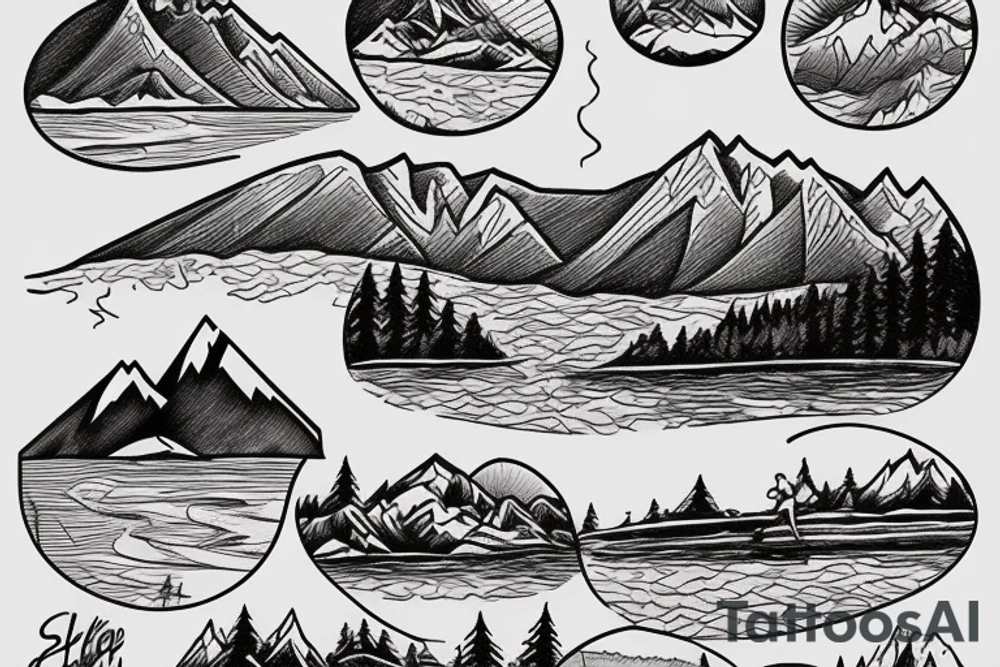 Mountain scene with mountain lake and slalom water skier silhouette 
on the lake tattoo idea